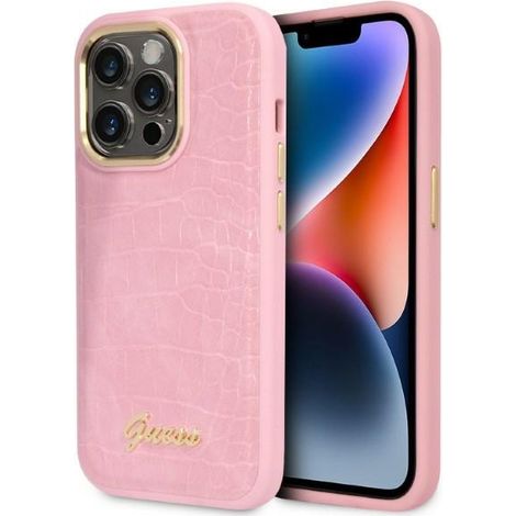 Funda rígida rosa/rosa para iPhone 14 Pro de Guess GUHCP14LHGCRHP, colección Croco. (1/5)
