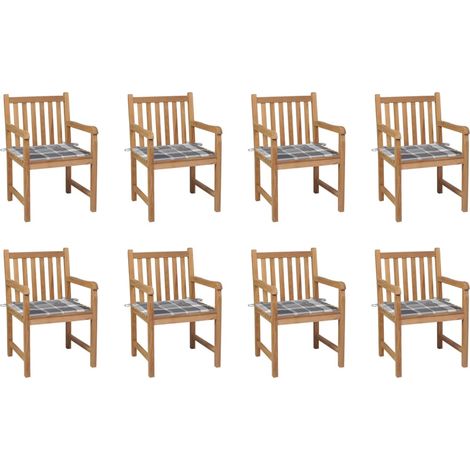 Sillas de jardín 8 uds madera maciza teca cojines cuadros gris