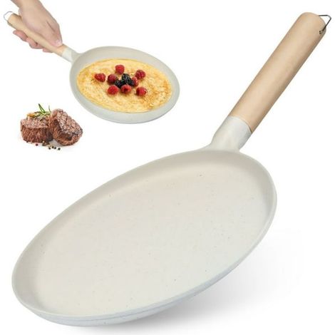 Crêpière Tcwhniev de 23,4 cm avec manche en bois, antiadhésive, pour crêpes plates, réutilisable, en aluminium, bonne conduction de la chaleur, idéale pour les dosas, tortillas et omelettes, beige. (1/5)