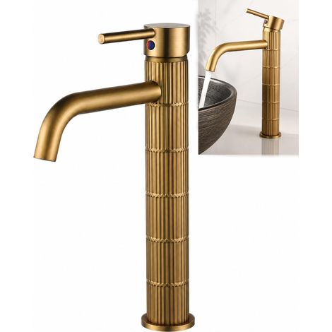 Robinet de lavabo en laiton massif, mitigeur de salle de bain, finition brossée vintage, mélangeur pour lavabo sur plan de travail, cartouche en céramique (Bronze brossé, Haut) (1/5)