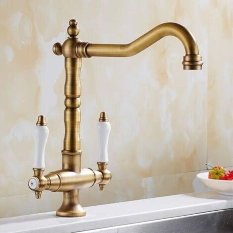 Robinet mitigeur de cuisine en laiton massif – Double poignée – Bec à arc élevé rotatif 360° – Finition bronze antique – Anti-goutte (1/2)