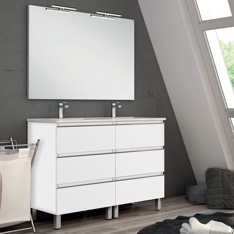 Meuble de salle de bain 120cm double vasque - 6 tiroirs - blanc - PALMA (1/5)