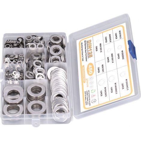 Lot de 450 Rondelles plates en acier inoxydable 304, assortiment M3 M4 M5 M6 M8 M10 M12 M14 M16 (1/5)