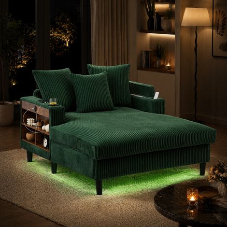 REDOM chaise longue 129x170x70 cm, LED multicolor, USB y almacenaje, portavasos dobles, pana color esmeralda (1/5)
