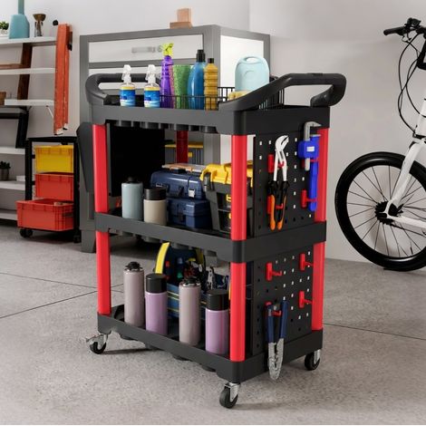 Carrello portautensili 95x43x96 cm, con pannelli forati, ganci e contenitore utensili, in polipropilene nero e rosso (1/5)