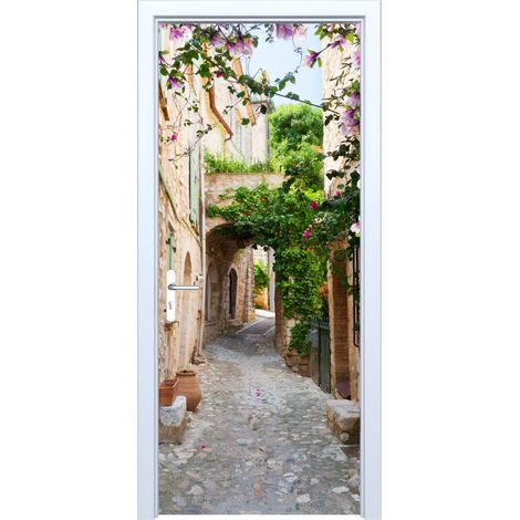 Adesivo in tessuto per porta con fiori di strada su una vecchia via 530PD