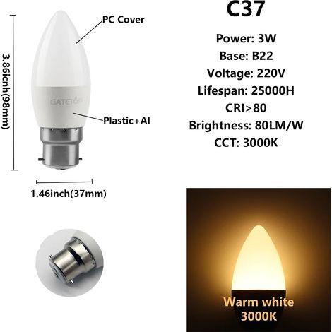 (C37 3W B22 3000K, 220V) 8 ampoules LED, pour l'éclairage domestique et la décoration intérieure. (1/3)