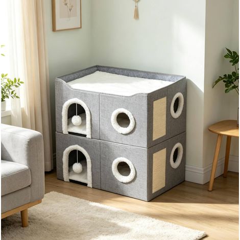 Casetta pieghevole per gatti 60x40x34 cm in MDF e sisal, grigia, con tiragraffi compatta (1/5)