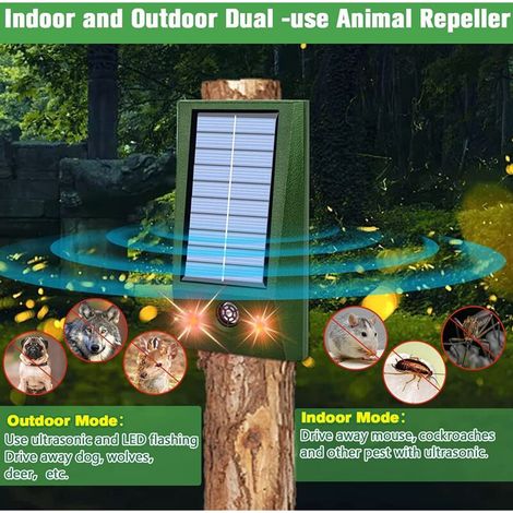 Répulsif ultrasonique 4 en 1 pour souris, oiseaux, chiens et chats. Capteur infrarouge à LED rouge et blanche clignotante. Alimentation solaire. Étanche. Usage extérieur. (1/3)