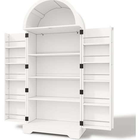 Buffet haut cintré 70x40x165 cm en MDF blanc avec portes et étagères ouvertes (1/5)