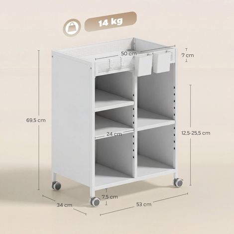 Étagère roulante blanche, 4 compartiments, tablettes ajustables et corbeilles suspendues pour espace de travail et séjour (1/5)