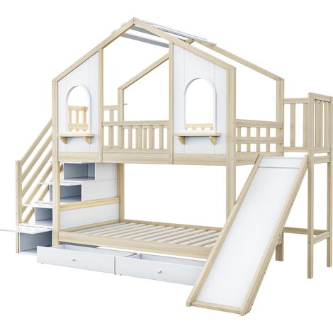 Letto a castello per bambini 90 x 200 cm in legno con scivolo, scala contenitore e cassetti (1/5)