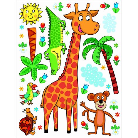 Sticker Giraphe, singe, crocodile et tortue et palmier - 1 planche 65 x 85 cm (1/5)