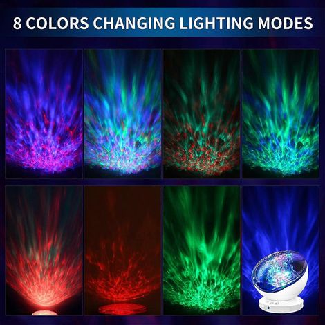 Lampe projecteur LED effet vagues, veilleuse enfant avec 8 modes de couleur, 6 sons musicaux, télécommande et minuterie, lampe de chevet décorative pour la chambre. (1/3)