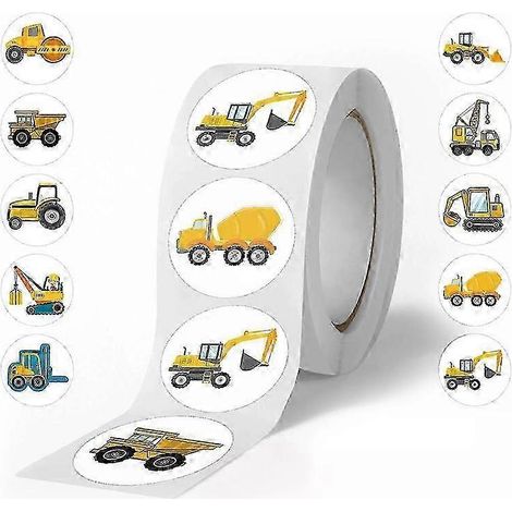 Autocollants représentant une pelleteuse (engin de chantier), 500 par rouleau, pour décorer un bureau soi-même. (1/4)