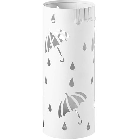 WOLTU Paragüero de Diseño Redondo Soporte Paraguas con Ganchos y Plato de Plastico Bandeja Recogegotas 20x49 cm Blanco