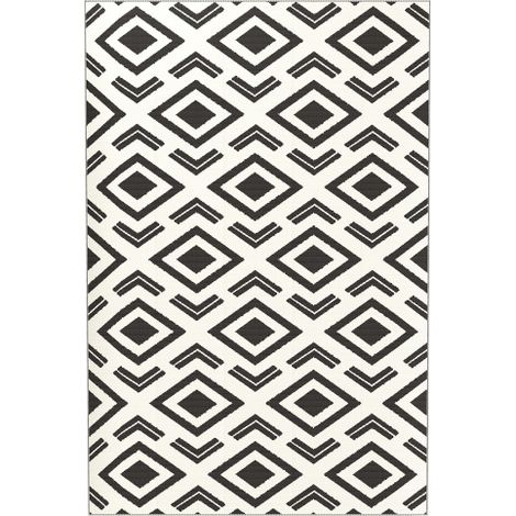 Wetterfester, klappbarer und leicht transportabler Außen-Teppich (inkl. Tragetasche) im chic-bohémien-Stil – ideal für Balkon, Terrasse, Garten, Bad, Eingang, Küche und Wohnzimmer – 182 × 274 cm, schw