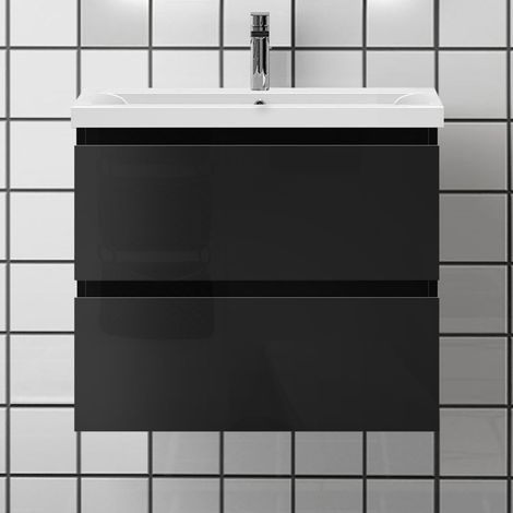 600mm Vanity Unit with Basin Wall Hung High Gloss Grey Storage Cabinet 2 Drawers (1/5)