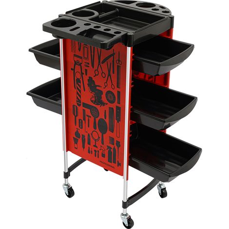 Chariot de coiffure, avec 5 tiroirs et 6 étages, capacité de charge de 100 kg, supports en acier inoxydable, pour salon et salon de manucure (rouge) (1/5)