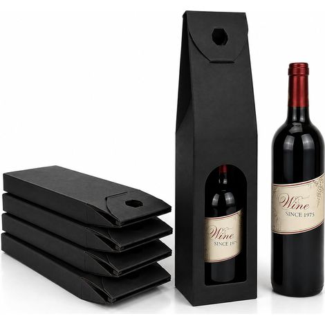 Lot de 6 porte-bouteilles en carton avec poignée pour 1 bouteille, 9,5 x 9 x 38,5 cm, noir (1/5)