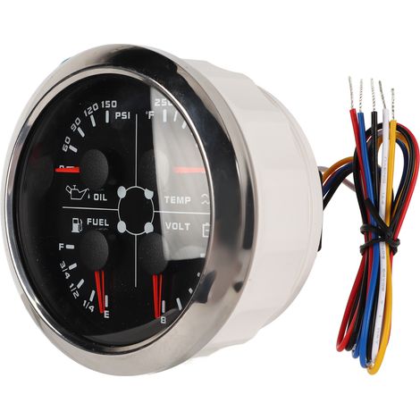 4-in-1 Multifunktionsanzeige 85 mm: Kraftstoffstandanzeige, Öldruckanzeige, Wassertemperaturanzeige, Voltmeter (DC 9–32 V), geeignet für Auto, Wohnmobil, Boot, Motorrad, Schwarz/Silber, °F/PSI (1/5)