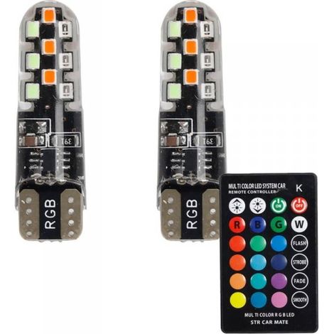 2 Pezzi Lampada Led T10 W5W 18 SMD 2016 12V 1.2W 260lm RGB con Telecomando