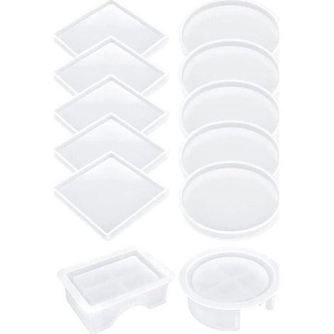 Juego de 12 moldes para posavasos, moldes de silicona mejorados para posavasos, con kit de moldes para caja de almacenamiento de resina epoxi. (1/5)