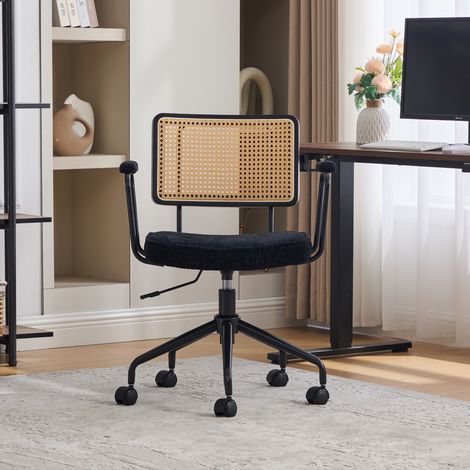 Chaise de bureau vintage en rotin avec roulettes, pivotante réglable, assise en chenille, cadre en bois pour bureau, salon, étude – Noir (1/5)