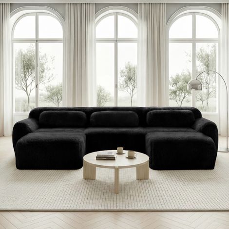 Divano modulare a U in velluto nero, senza montaggio, con cuscini, 291 x 179 x 73 cm (1/5)