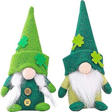 Set aus 2 gesichtslosen Deko-Puppen für den St. Patrick's Day, verziert mit Kleeblättern.