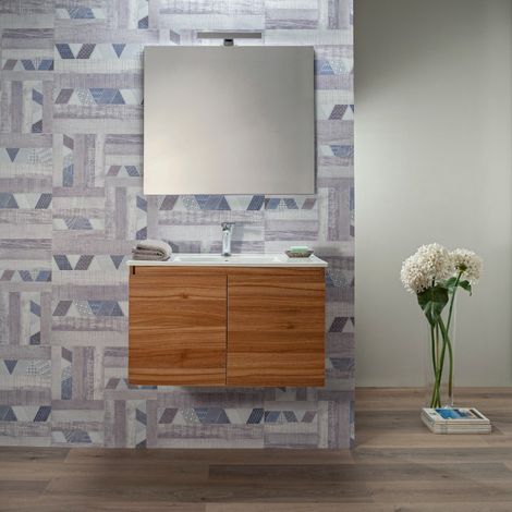 Mobile Bagno Sospeso 100 cm Teak 2 Ante Lavabo e specchio (1/5)