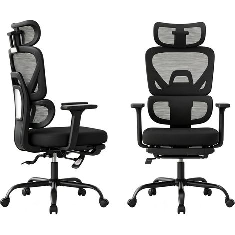 Chaise de bureau ergonomique pivotante en tissu respirant, appuie-tête 3D, accoudoirs réglables, repose-pieds 3 positions, noir  CHICFURN (1/5)