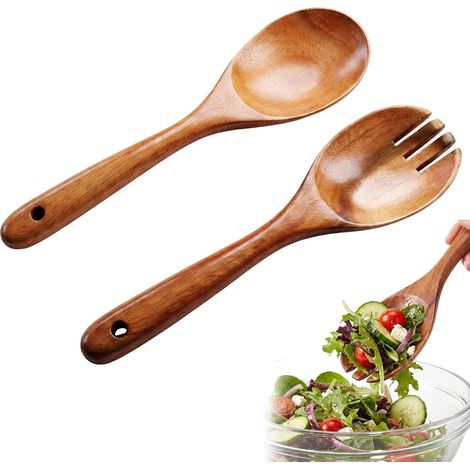 couverts à salade en bois d'olivier long manche - 26 cm Cuillères naturel Ustensiles de cuisine pour mélanger la les pâtes fruits (1/5)