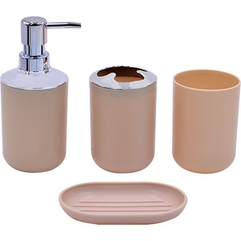 Vierteiliges SetSeifenspender, Tasse, Untertasse und Toilettenartikel. (Leere Flasche) (1/4)