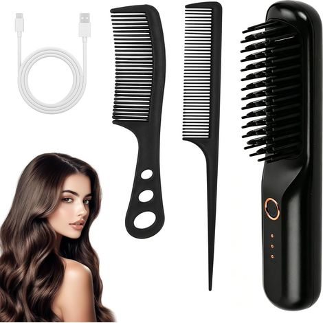 Brosse Lissante Chauffante Ensemble Noir, Mini Lisseur de Voyage sans Fil avec 2 Brosses, 1 Sac, 3 Températures, Conception 3D Anti-Brûlure, Peigne Chauffant, Brosse Coiffante Cheveux Court Long (1/5)