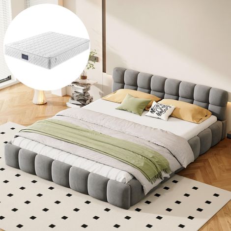 Lit 160x200 cm, avec dossier moelleux et cadre rembourré, sommier à lattes, lin, convient aux adultes et adolescents - Gris (avec matelas)