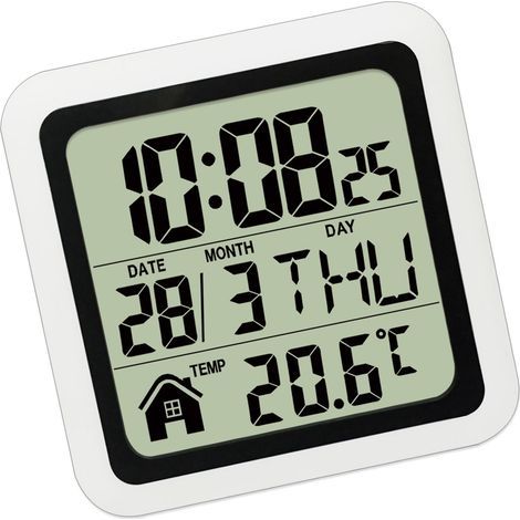 Wasserdichte Digitaluhr mit mehrsprachiger Anzeige von Wochentag, Temperatur, Uhrzeit und Datum Wandmontage mit Saugnapf.