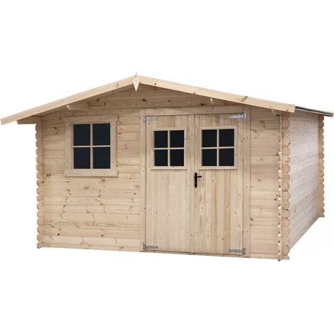 Habitat Et Jardin – Abri de jardin en bois 14m² Oz – Madriers épicéa 28 mm – Dimensions 388 x 298 x 225 cm – Double porte vitrée (1/4)