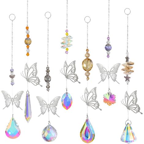 Ensemble de 7 pièces en cristal : attrape-soleil papillon, lustre en cristal coloré, pendentif colibri, décoration murale, arbre, fenêtre, prisme