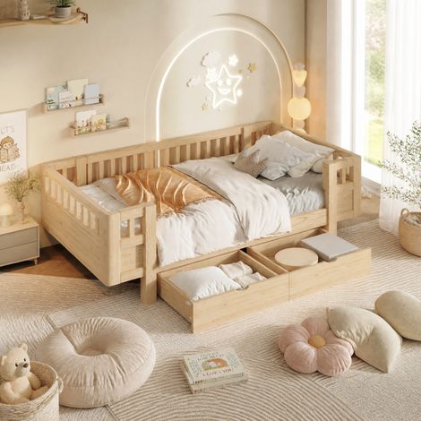 Lettino bambino 90 x 200 cm con 2 grandi cassetti, sponda alta, color legno OKMYHOME (1/5)