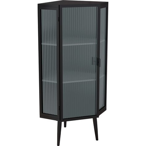 Vitrine 3 niveaux meuble de rangement portes en verre trempé étagères format d’angle finition noire (1/3)