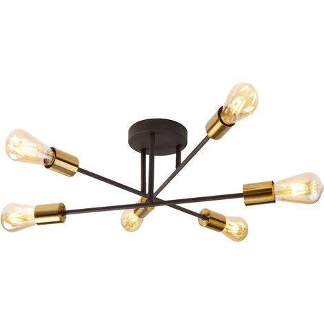 Searchlight Armstrong - Plafonnier semi-affleurant à 6 ampoules noir mat, laiton satiné, E27 (1/3)