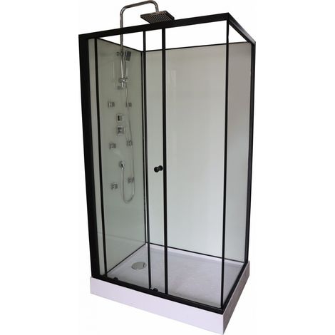 Sanitaire – Cabine de douche rectangulaire 80x110 cm – Aluminium laqué noir mat – Portes coulissantes en verre securit – Receveur acrylique renforcé blanc