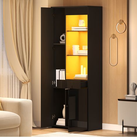 Schwarze Vitrine 70 x 35 x 180 cm mit LED, Schublade und Türen aus gehärtetem Glas (1/5)