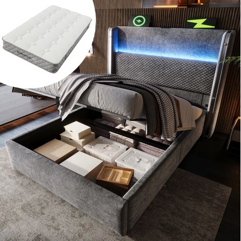 FLORAGRACE Lit coffre 90x200 cm en lin gris avec matelas, LED, ports USB/Type-C (1/5)