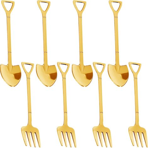 pièces : cuillère pelle, fourchette pelle, cuillère à café pelle, cuillère à dessert avec manche pelle, cuillère à glace, fourchette en forme de pelle (doré) (1/4)