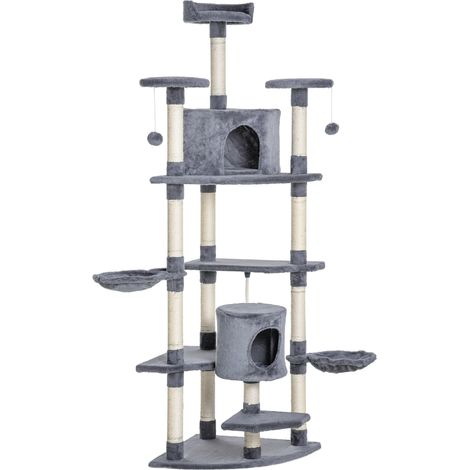 Albero Tiragraffi per Gatti 60x60x200 cm con Casette e Amache Grigio Chiaro (1/5)