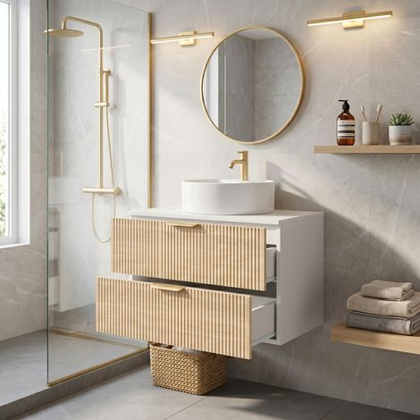 URBAN MEUBLE Meuble de Salle de Bain Suspendu 60cm avec Vasque Ronde en Céramique, 2 Tiroirs Effet Bois (robinet non inclus)
