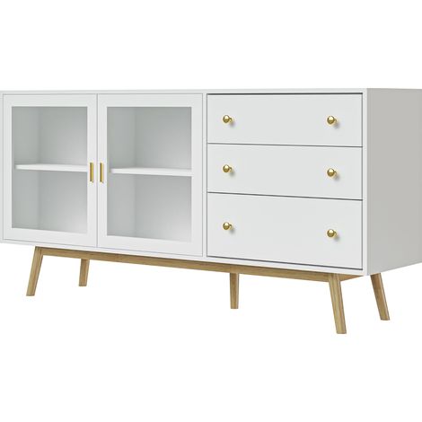 Buffet de salle à manger avec 2 portes vitrées, 3 tiroirs et pieds en bois d'hévéa pour cuisine ou salon, 160 x 40 x 80 cm, blanc (1/5)