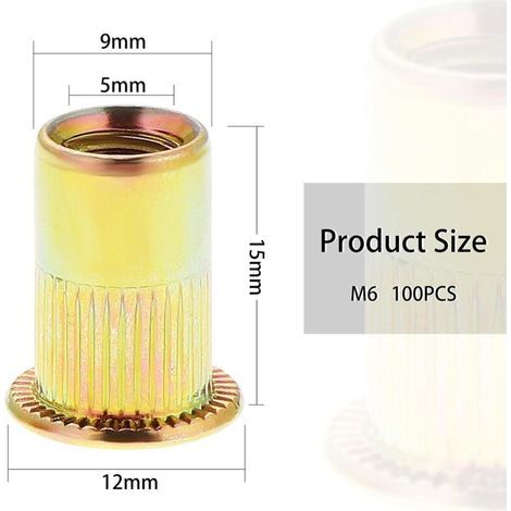 100 Pièces Écrou à Rivet M6 Fileté à Tête Plate, Écrous à Riveter Fileter en Acier au Carbone Zingué, Assortiment M6 Rivet Inserts Filetés pour Métal Plastique (12 mm x 15 mm) (1/3)